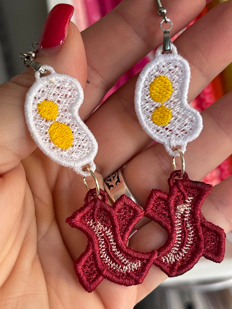 Bacon and Eggs Dangle FSL Earrings Freestanding Lace Earring Design