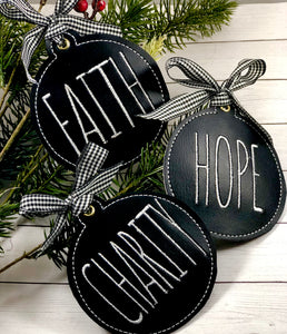 Set of FOUR Farmhouse FAITH, HOPE, CHARITY, and LOVE Christmas Ornaments for 4x4 hoops