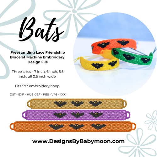 FSL Friendship Bracelet Bats - In the Hoop Freestanding Lace Bracelet in Three Sizes