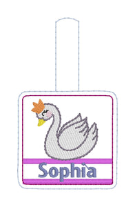 Swan snap tab Bag Tag for 4x4 hoops