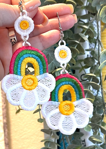 Rainbow Daisy Dangles FSL Earrings SET- In the Hoop Freestanding Lace Earrings