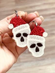 Skull Santa Hat Christmas FSL Earrings - In the Hoop Freestanding Lace Earrings