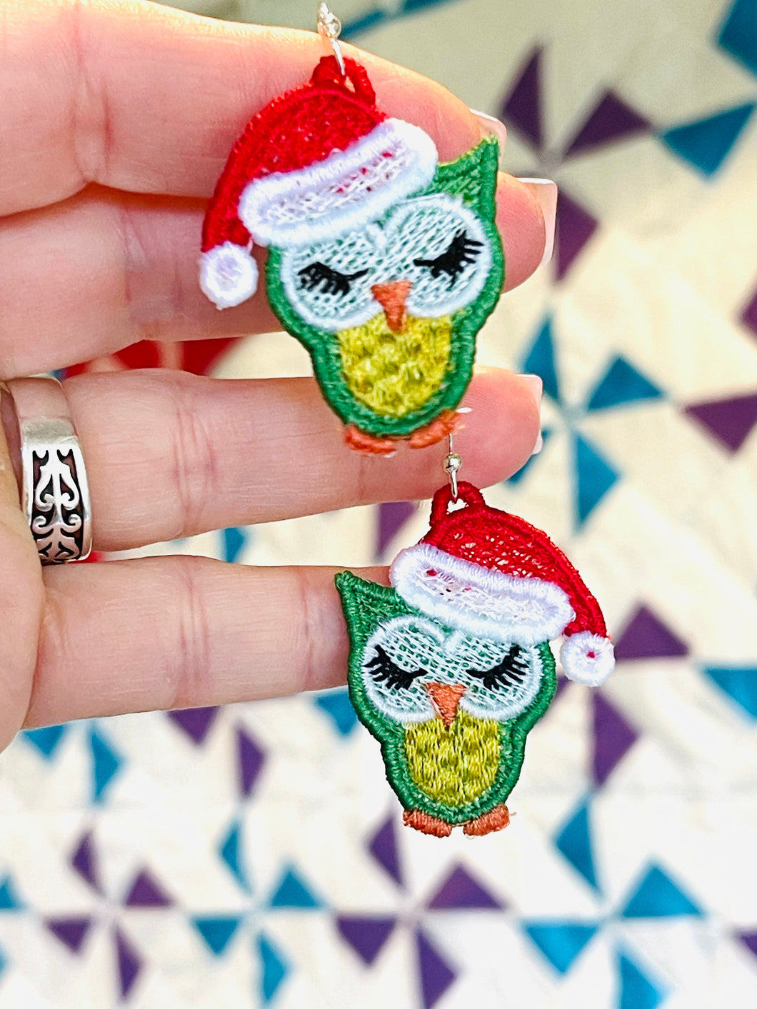 Christmas Owl FSL Earrings - In the Hoop Freestanding Lace Earrings