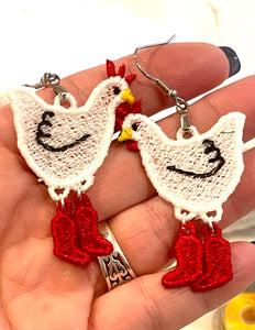 Chicken Boots Dangles FSL Earrings SET- In the Hoop Freestanding Lace Earrings
