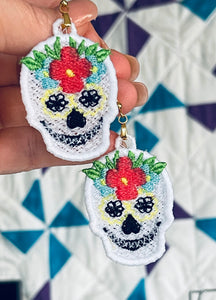 Boucles d’oreilles Sugar Skull Calavera FSL - Boucles d’oreilles en dentelle autoportantes In the Hoop