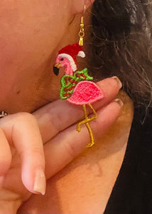 Christmas Flamingo Claus FSL Earrings - In the Hoop Freestanding Lace Earrings