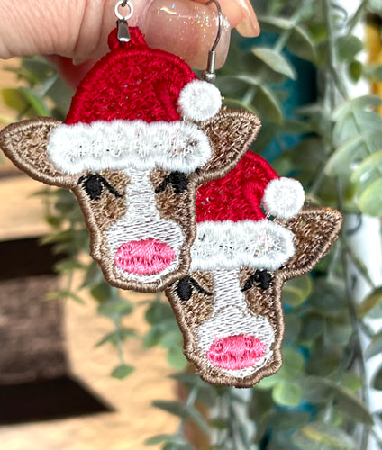 Pretty Cow with Santa Hat Christmas FSL Earrings - In the Hoop Freestanding Lace Earrings
