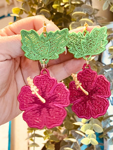Leafy Hibiscus Dangles FSL Earrings SET- In the Hoop Freestanding Lace Earrings