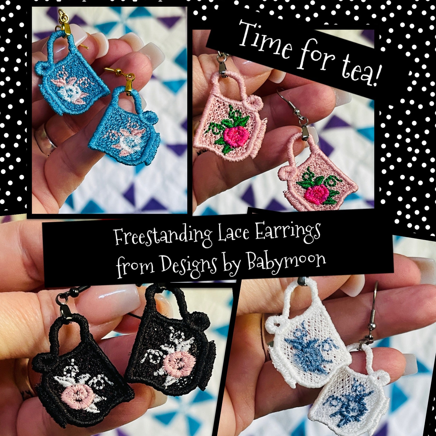Teacup FSL Earrings - Freestanding Lace Earring Design - In