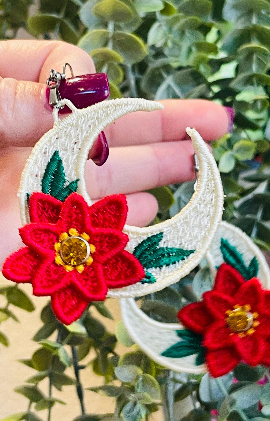 Poinsettia Moon FSL Rivet Earrings - In the Hoop Freestanding Lace Earrings