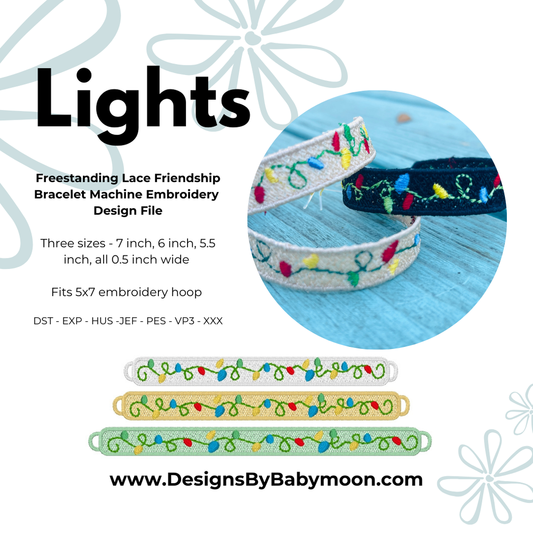 FSL Friendship Bracelet Lights - In the Hoop Freestanding Lace Bracelet in Three Sizes