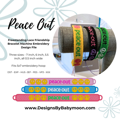 FSL Friendship Bracelet Peace Out- In the Hoop Freestanding Lace Bracelet in Three Sizes