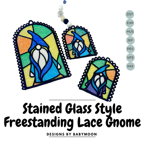 Stained Glass Gnome Freestanding Lace (FSL) Suncatcher, Ornament, or Bookmark - In the Hoop Machine Embroidery Design File