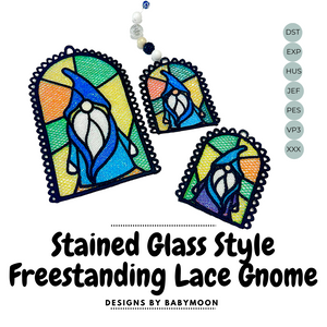 Stained Glass Gnome Freestanding Lace (FSL) Suncatcher, Ornament, or Bookmark - In the Hoop Machine Embroidery Design File