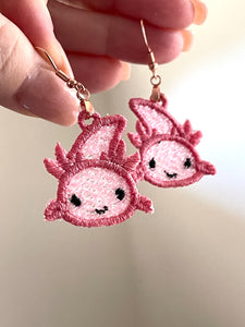 Axolotl Mud Puppy FSL Earrings- In the Hoop Freestanding Lace Earrings