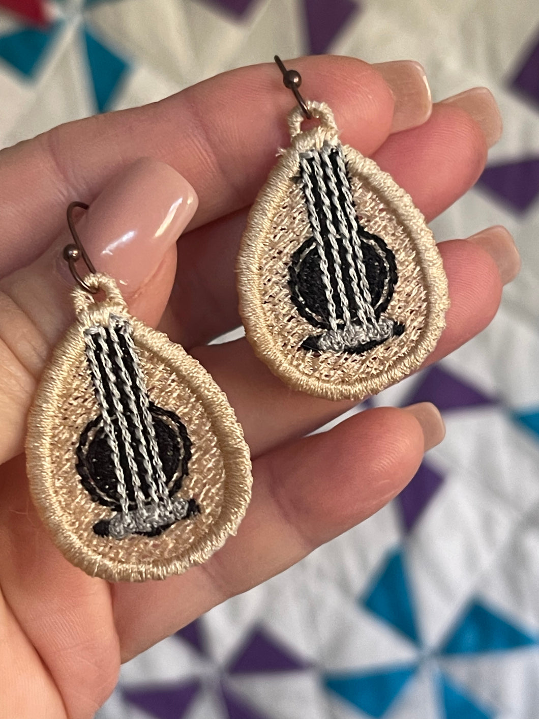 Ukelele Teardrop 4 string FSL Earrings - In the Hoop Freestanding Lace Earrings