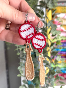 Baseball And Bat Dangle FSL Earrings - Freestanding Lace Earring Design - In the Hoop Embroidery Project