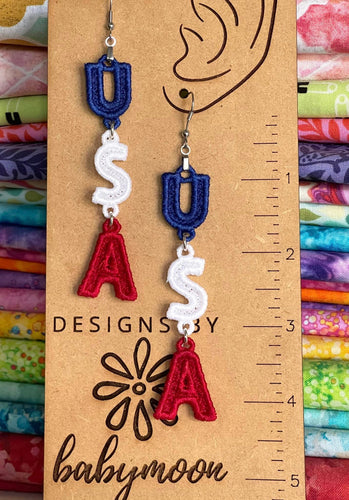 USA Dangle FSL Earrings - Freestanding Lace Earring Design - In the Hoop Embroidery Project