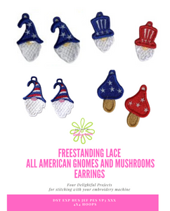FSL Juego de aretes All American Gnomes - Cuatro diseños - Gnomo con sombrero de estrella, gnomo con sombrero a rayas, gnomo con sombrero de copa, hongo estrella