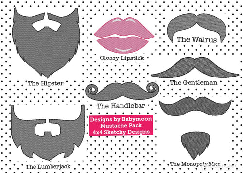 SET FOUR - Mustaches, Beards and Glossy Lips 4x4 Designs to add to fabric masks