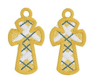 Plaid Cross FSL Earrings - Three Sizes - In the Hoop Freestanding Lace Earrings