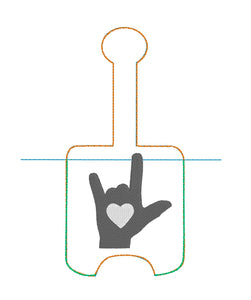 Soporte de desinfectante de manos en lenguaje de señas ILY para botellas de 2 oz Pestaña a presión en el proyecto de bordado de aro