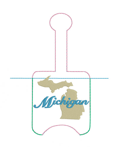 Michigan Hand Sanitizer Holder Snap Tab Versión en el proyecto de bordado de aro 2 oz para aros 5x7