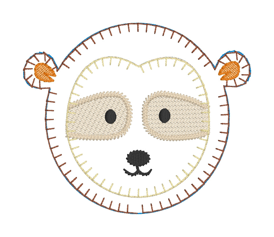 Sloth Face Applique Design - Four Sizes 4x4 5x7, 6x10, 8x12