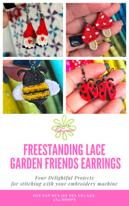 FSL Garden Friends Earrings Bundle Set - Four Designs - Bee, Gnome, Mushroom and Ladybug