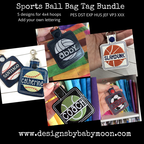 Sports Ball Bag Tag Bundle - Split Ball Shapes to Personalize for 4x4 Hoops - Paper Pattern Download