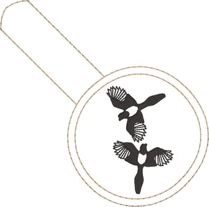Two Magpies snap tab In the Hoop embroidery design