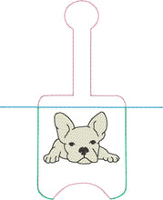 Frenchie French Bulldog Soporte para desinfectante de manos Snap Tab en el proyecto de bordado de aro