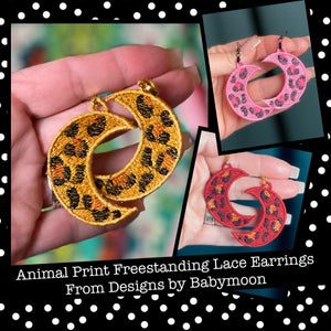 Leopard Cheetah Print Moon FSL Earrings - In the Hoop Freestanding Lace Earrings