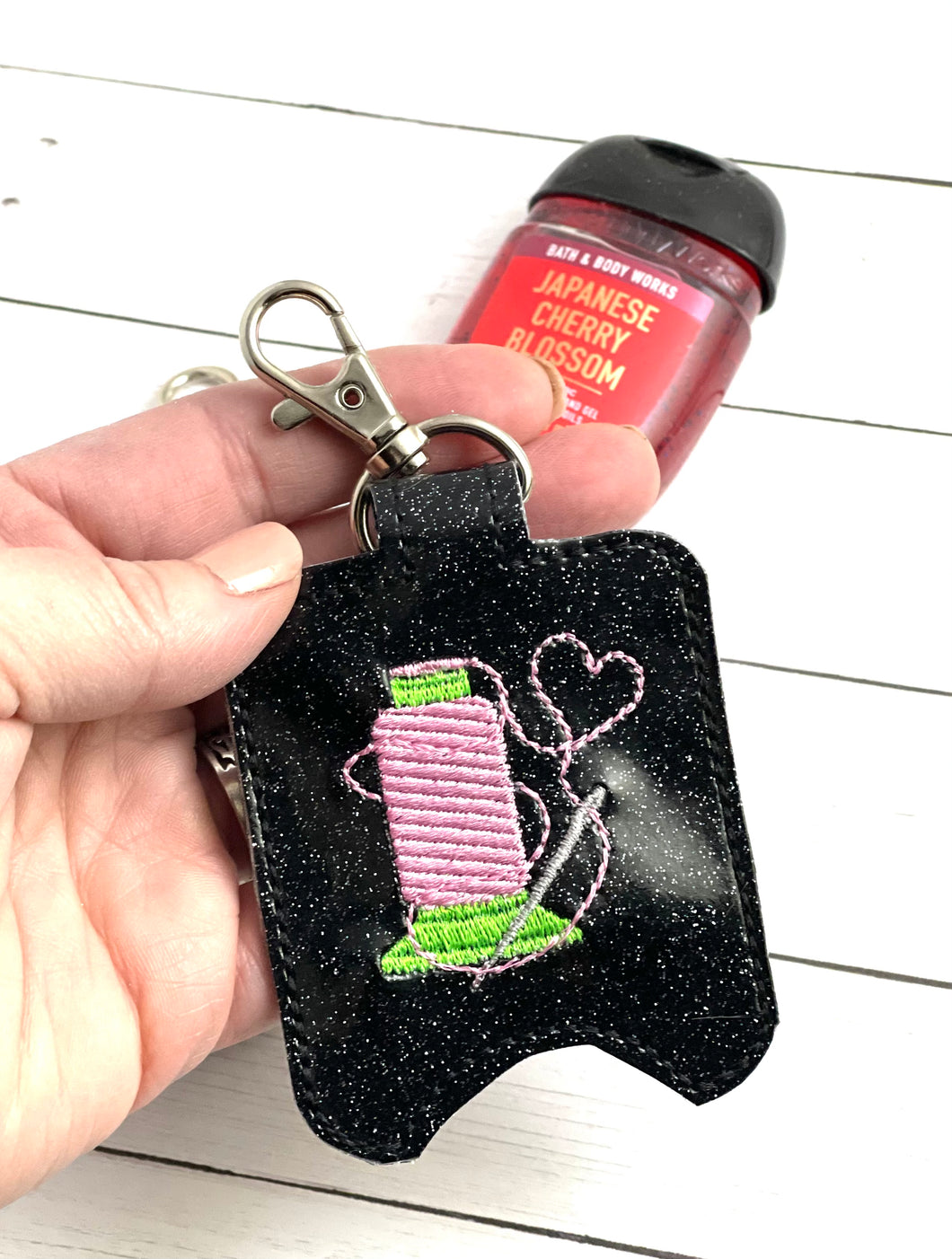 Sewing Love Hand Sanitizer Holder Snap Tab Version In the Hoop Embroidery Project 1 oz BBW for 5x7 hoops
