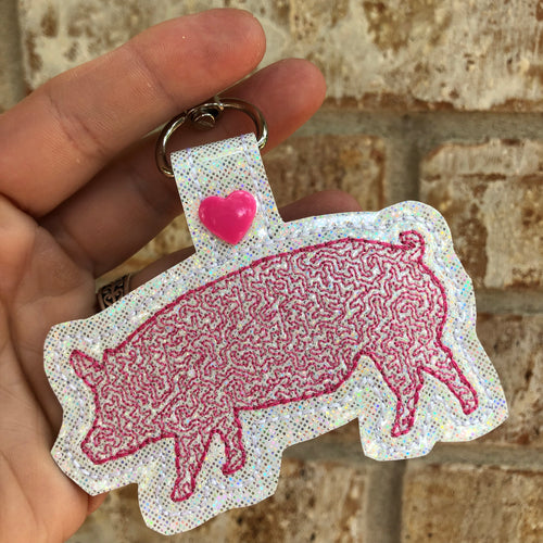 Pig Quick Stitch ITH snap tab for 4x4 hoops-Backpack tag embroidery design