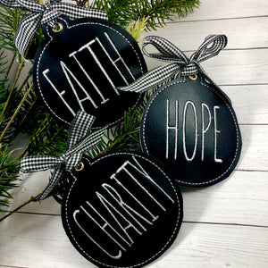 Set of FOUR Farmhouse FAITH, HOPE, CHARITY, and LOVE Christmas Ornaments for 4x4 hoops