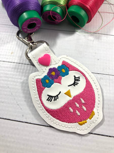 Cute Owl snap tab In the Hoop embroidery design