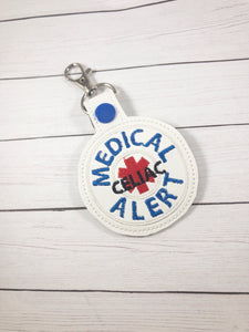 Medical Alert Celiac snap tab embroidery design