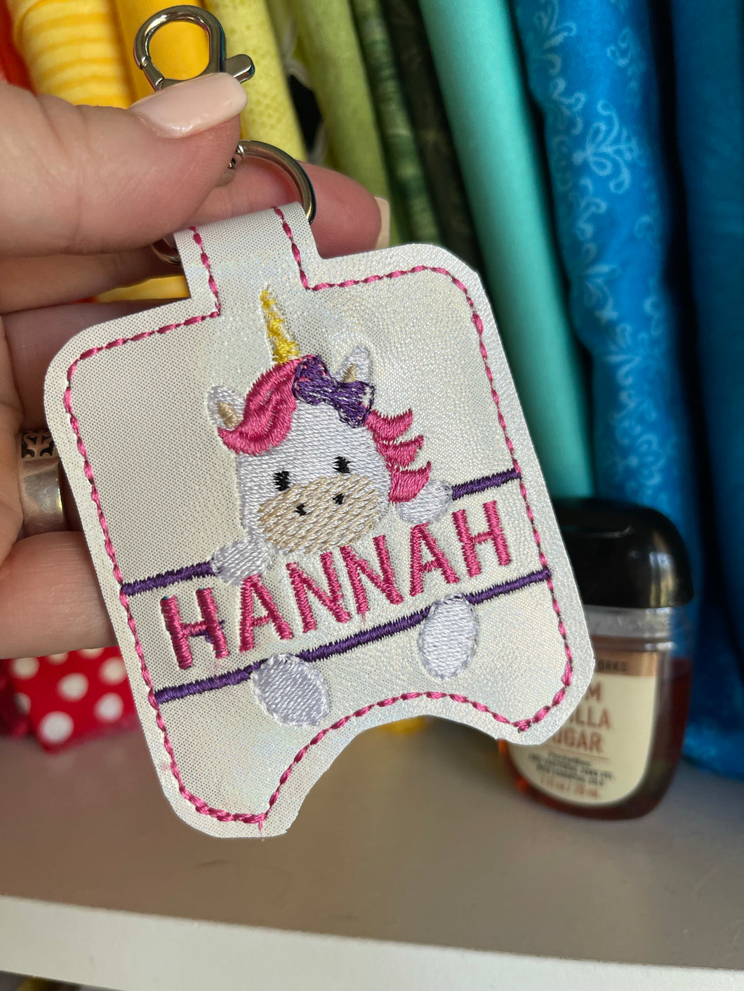 Split Unicorn Hand Sanitizer Holder Snap Tab Version In the Hoop Embroidery Project 1 oz for 5x7 hoops