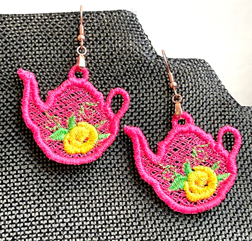 Teapot FSL Earrings - Freestanding Lace Earring Design - In the Hoop Embroidery Project