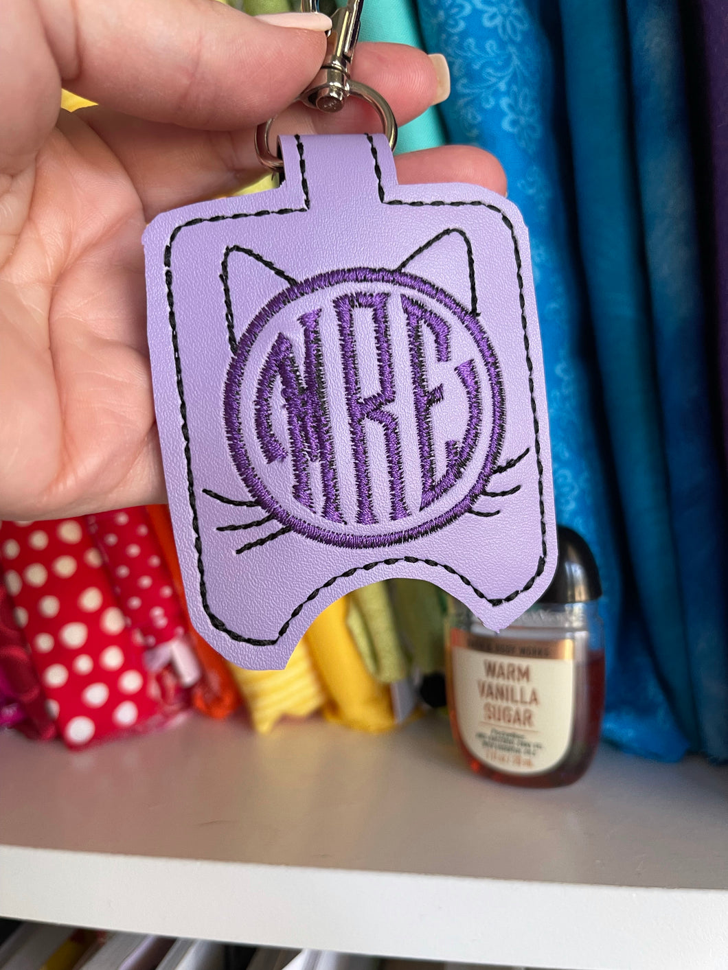Cat Face Monogram Hand Sanitizer Holder Snap Tab Version In the Hoop Embroidery Project 1 oz BBW for 5x7 hoops