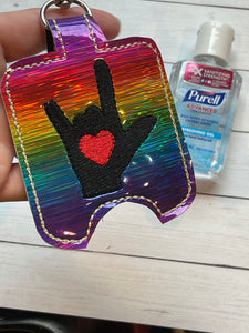 ILY Sign Language Hand Sanitizer Holder for 2 oz Bottles Snap Tab In the Hoop Embroidery Project