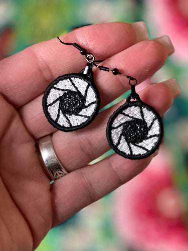 Shutterbug Camera Lens FSL Earrings - In the Hoop Freestanding Lace Earrings