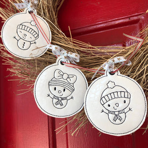 Set of THREE Redwork Snowman Christmas Ornaments for 4x4 hoops