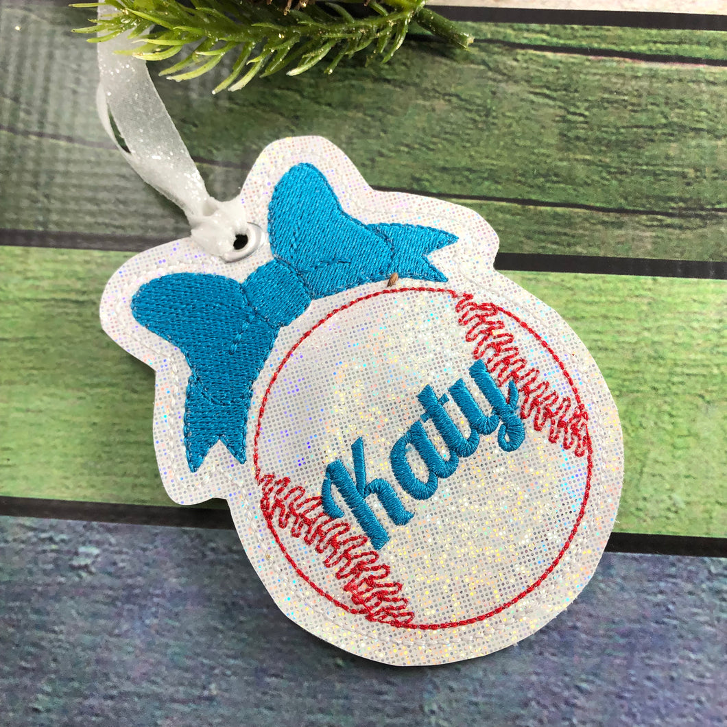 Baseball/Softball with Bow Eyelet Tag Ornament