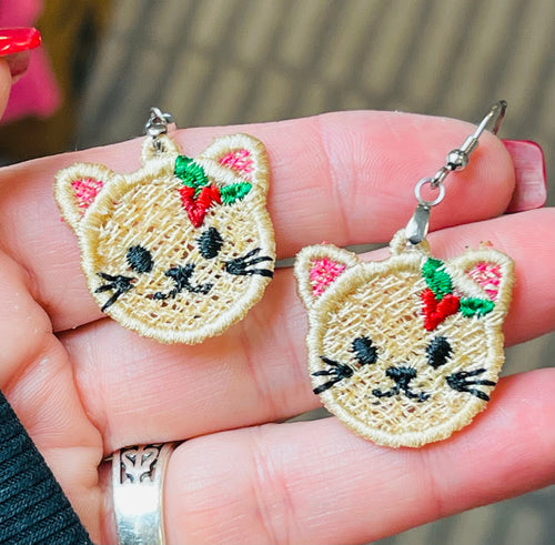 Christmas Kitty FSL Earrings - In the Hoop Freestanding Lace Earrings