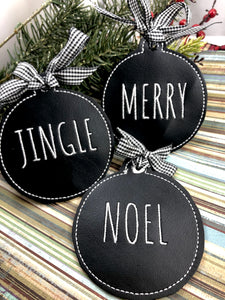 Set of THREE Farmhouse MERRY, JINGLE and NOEL Christmas Ornaments for 4x4 hoops
