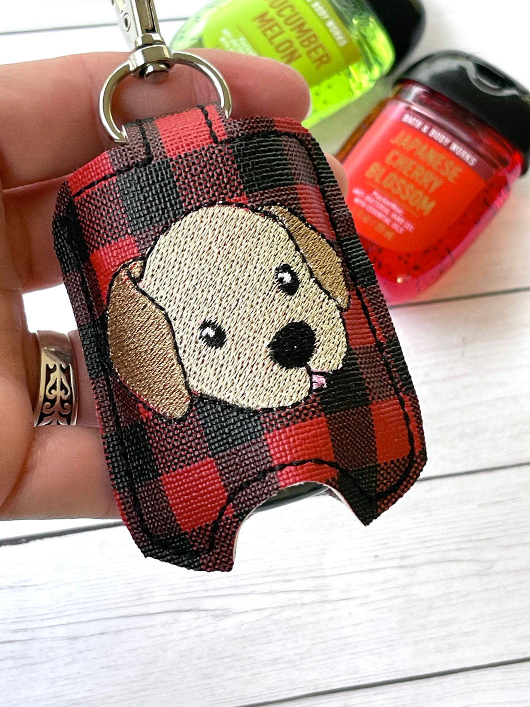Lab Puppy Hand Sanitizer Holder Snap Tab Version In the Hoop Embroidery Project 1 oz BBW for 5x7 hoops