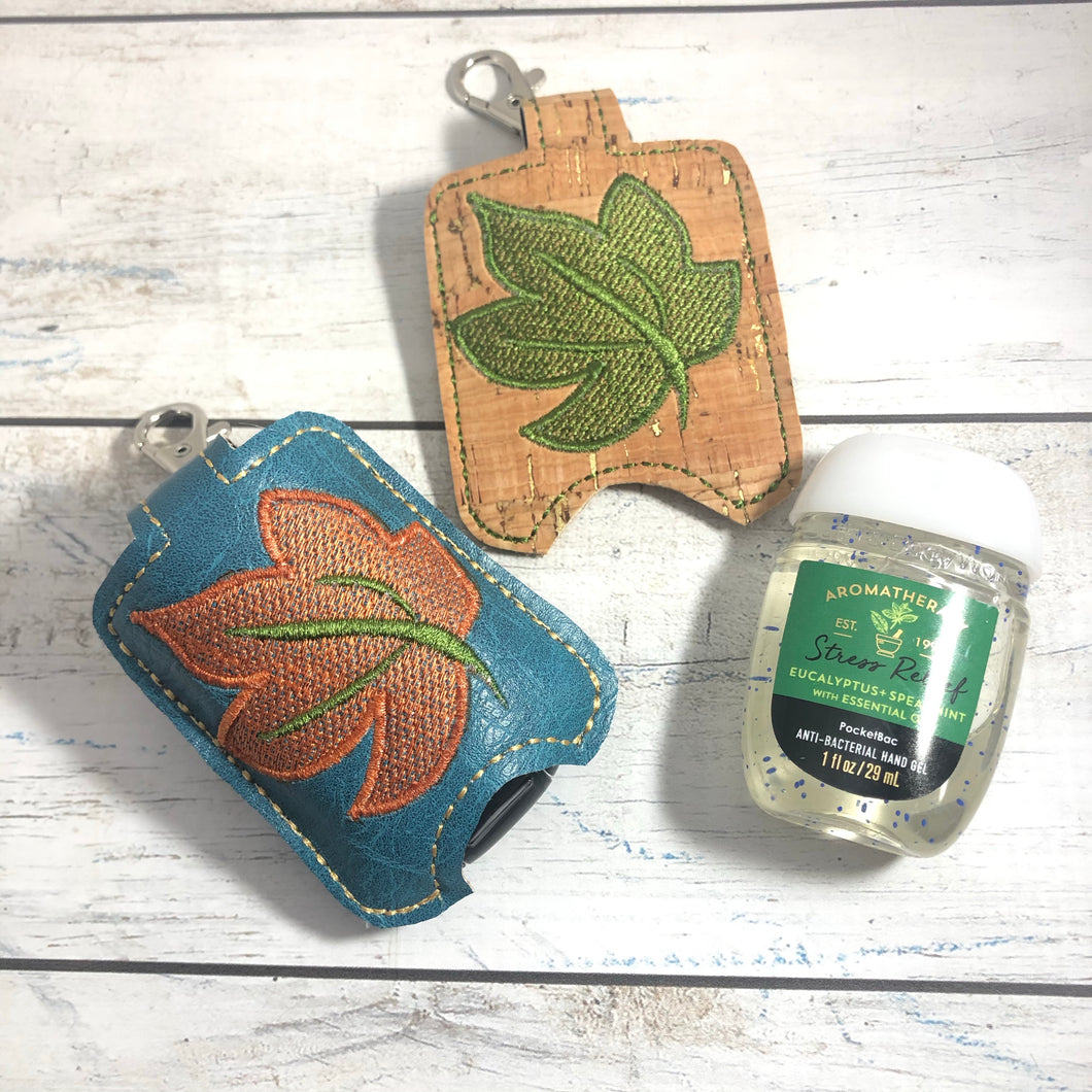 Fall Leaf Hand Sanitizer Holder Snap Tab Version In the Hoop Embroidery Project 1 oz BBW for 5x7 hoops