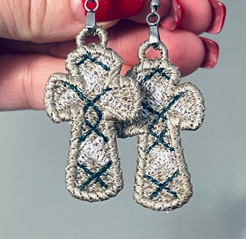 Plaid Cross FSL Earrings - Three Sizes - In the Hoop Freestanding Lace Earrings